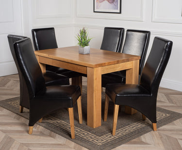 Dakota Medium Oak Dining Table with 6 Lola Black Leather Chairs