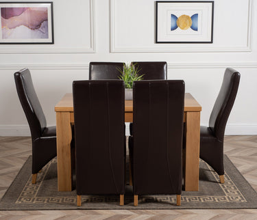 Dakota Medium Oak Dining Table with 6 Lola Brown Leather Chairs