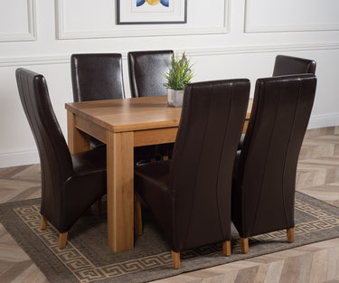 Dakota Medium Oak Dining Table with 6 Lola Brown Leather Chairs
