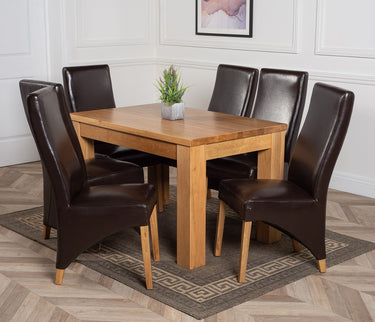 Dakota Medium Oak Dining Table with 6 Lola Brown Leather Chairs