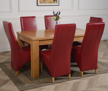Dakota Medium Oak Dining Table with 6 Lola Burgundy Leather Chairs