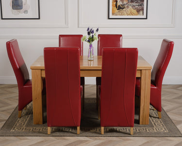 Dakota Medium Oak Dining Table with 6 Lola Burgundy Leather Chairs