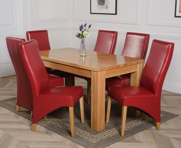 Dakota Medium Oak Dining Table with 6 Lola Burgundy Leather Chairs