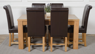 Dakota Medium Oak Dining Table with 6 Washington Brown Leather Chairs