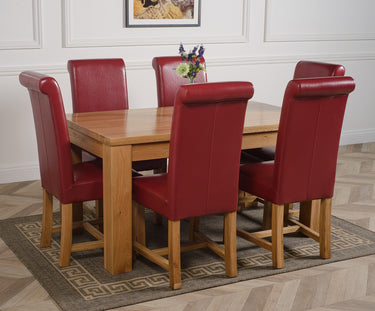 Dakota Medium Oak Dining Table with 6 Washington Burgundy Leather Chairs