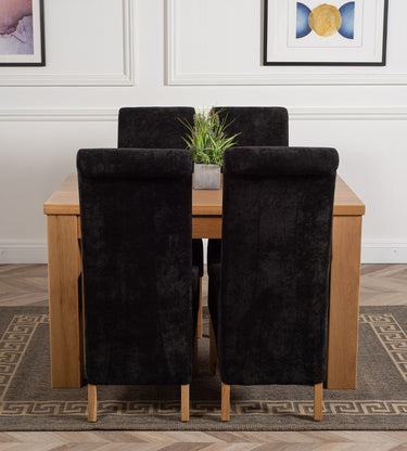 Dakota Small Oak Dining Table with 4 Montana Black Fabric Chairs