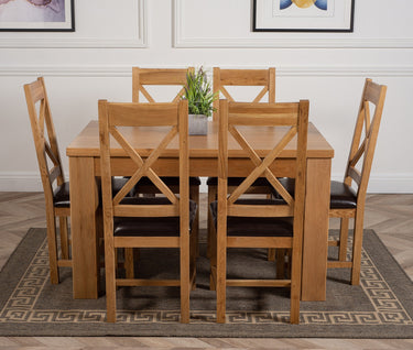 Dakota Small Oak Dining Table with 6 Berkeley Oak & Brown Leather Chairs