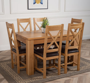 Dakota Small Oak Dining Table with 6 Berkeley Oak & Brown Leather Chairs