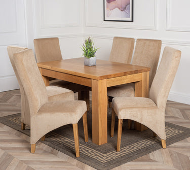 Dakota Small Oak Dining Table with 6 Lola Beige Fabric Chairs
