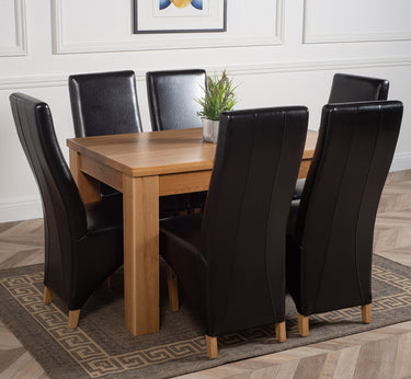 Dakota Small Oak Dining Table with 6 Lola Black Leather Chairs