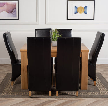 Dakota Small Oak Dining Table with 6 Lola Black Leather Chairs