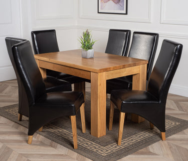 Dakota Small Oak Dining Table with 6 Lola Black Leather Chairs