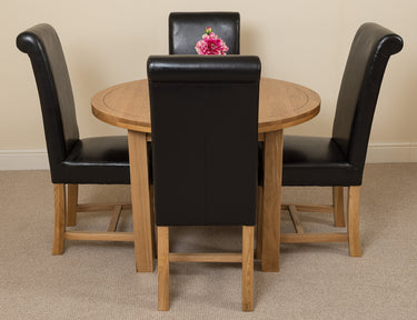 Edmonton Round Extendable Oak Dining Set with 4 Washington Black Leather Chairs