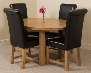 Edmonton Round Extendable Oak Dining Set with 4 Washington Black Leather Chairs
