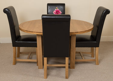 Edmonton Round Extendable Oak Dining Set with 4 Washington Black Leather Chairs