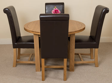 Edmonton Round Extendable Oak Dining Set with 4 Washington Brown Leather Chairs