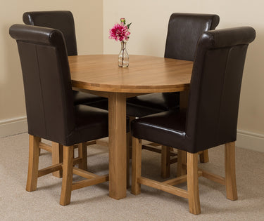 Edmonton Round Extendable Oak Dining Set with 4 Washington Brown Leather Chairs