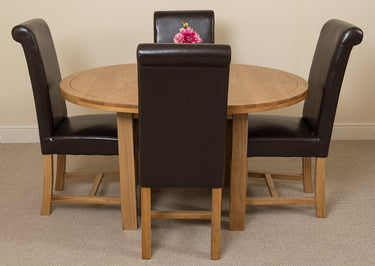 Edmonton Round Extendable Oak Dining Set with 4 Washington Brown Leather Chairs