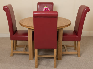 Edmonton Round Extendable Oak Dining Set with 4 Washington Burgundy Leather Chairs