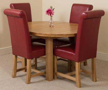 Edmonton Round Extendable Oak Dining Set with 4 Washington Burgundy Leather Chairs