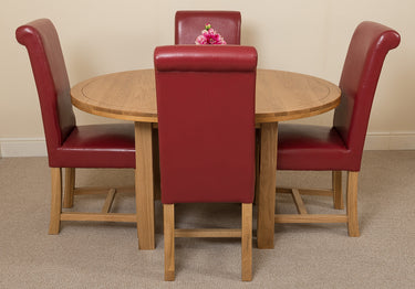 Edmonton Round Extendable Oak Dining Set with 4 Washington Burgundy Leather Chairs