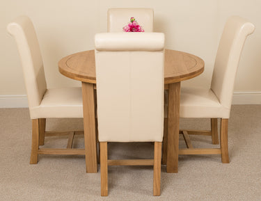 Edmonton Round Extendable Oak Dining Set with 4 Washington Ivory Leather Chairs