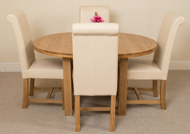 Edmonton Round Extendable Oak Dining Set with 4 Washington Ivory Leather Chairs