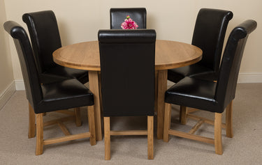 Edmonton Round Extendable Oak Dining Set with 6 Washington Black Leather Chairs