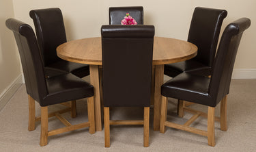 Edmonton Round Extendable Oak Dining Set with 6 Washington Brown Leather Chairs