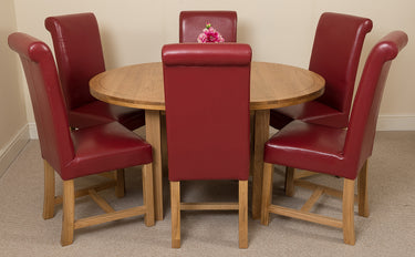 Edmonton Round Extendable Oak Dining Set with 6 Washington Burgundy Leather Chairs