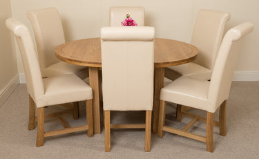 Edmonton Round Extendable Oak Dining Set with 6 Washington Ivory Leather Chairs
