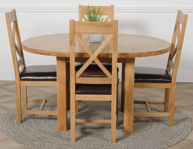 Edmonton Round Extendable Oak Dining Set with 4 Berkeley Oak & Brown Leather Chairs