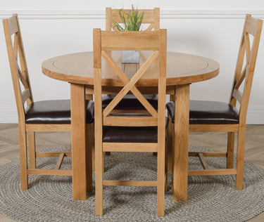 Edmonton Round Extendable Oak Dining Set with 4 Berkeley Oak & Brown Leather Chairs