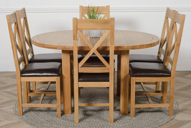 Edmonton Round Extendable Oak Dining Set with 6 Berkeley Oak & Brown Leather Chairs