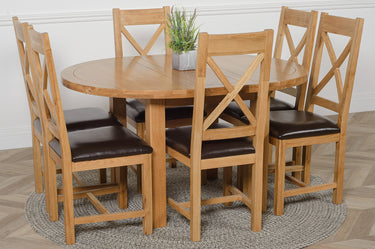 Edmonton Round Extendable Oak Dining Set with 6 Berkeley Oak & Brown Leather Chairs