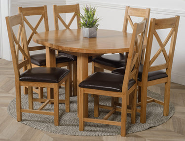 Edmonton Round Extendable Oak Dining Set with 6 Berkeley Oak & Brown Leather Chairs