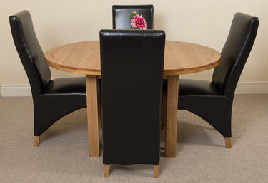 Edmonton Round Extendable Oak Dining Set with 4 Lola Black Leather Chairs