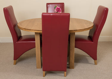 Edmonton Round Extendable Oak Dining Set with 4 Lola Burgundy Leather Chairs