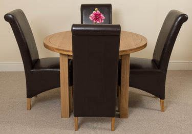 Edmonton Round Extendable Oak Dining Set with 4 Montana Brown Leather Chairs