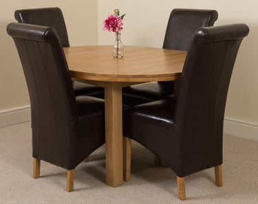 Edmonton Round Extendable Oak Dining Set with 4 Montana Brown Leather Chairs