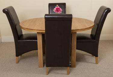 Edmonton Round Extendable Oak Dining Set with 4 Montana Brown Leather Chairs