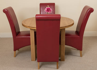 Edmonton Round Extendable Oak Dining Set with 4 Montana Burgundy Leather Chairs