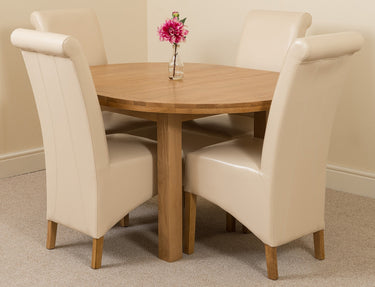 Edmonton Round Extendable Oak Dining Set with 4 Montana Ivory Leather Chairs