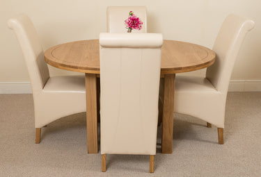 Edmonton Round Extendable Oak Dining Set with 4 Montana Ivory Leather Chairs