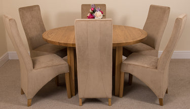 Edmonton Round Extendable Oak Dining Set with 6 Lola Beige Fabric Chairs