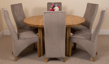 Edmonton Round Extendable Oak Dining Set with 6 Lola Grey Fabric Chairs