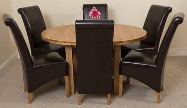 Edmonton Round Extendable Oak Dining Set with 6 Montana Brown Leather Chairs