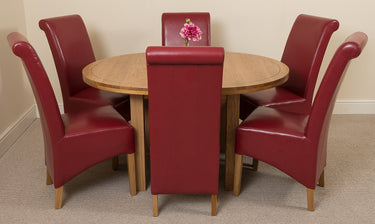 Edmonton Round Extendable Oak Dining Set with 6 Montana Burgundy Leather Chairs