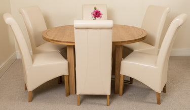 Edmonton Round Extendable Oak Dining Set with 6 Montana Ivory Leather Chairs