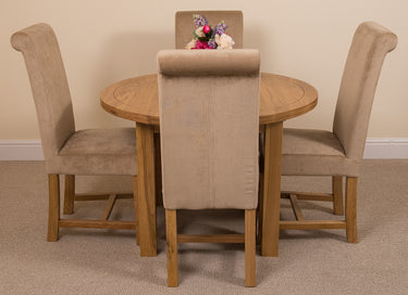 Edmonton Round Extendable Oak Dining Set with 4 Washington Beige Fabric Chairs